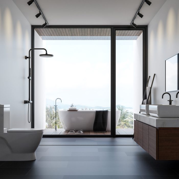 Modern bathroom with sea view 3d render. Room with black tile floors.there have  bathtub on the outside balcony. overlooking the nature